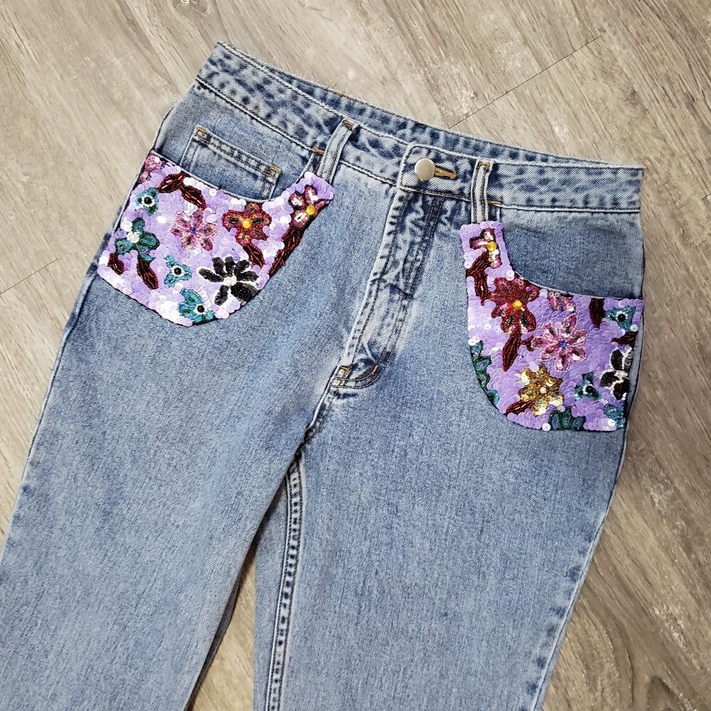 Vintage * Bell Bottom Flare Jeans * Sequins Sz S - Picture 4 of 9